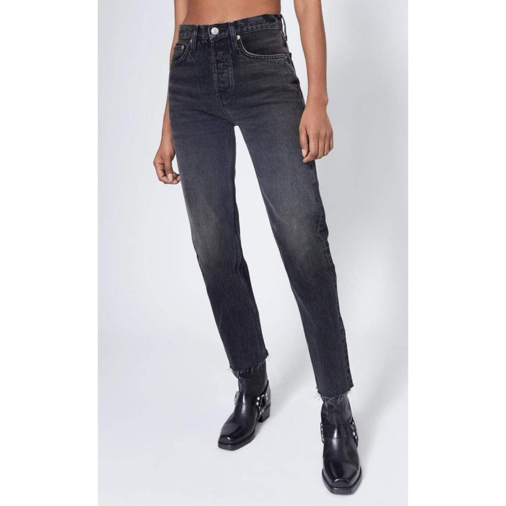 RE/DONE Womens Jeans Size 28 Black High Rise Ankle Crop 70s Stove PipeFrayed